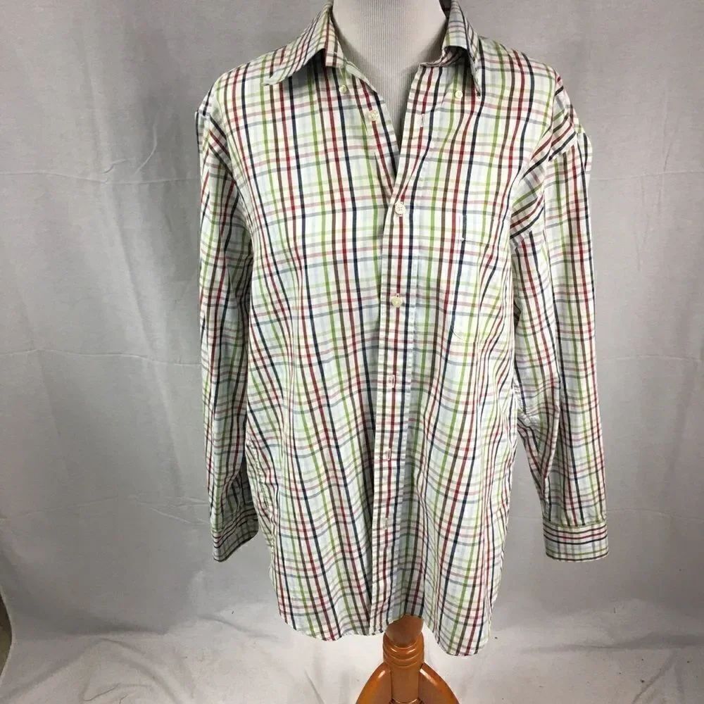 Grant Thomas Large Casual Plaid Dress Shirt Large brown red green pattern